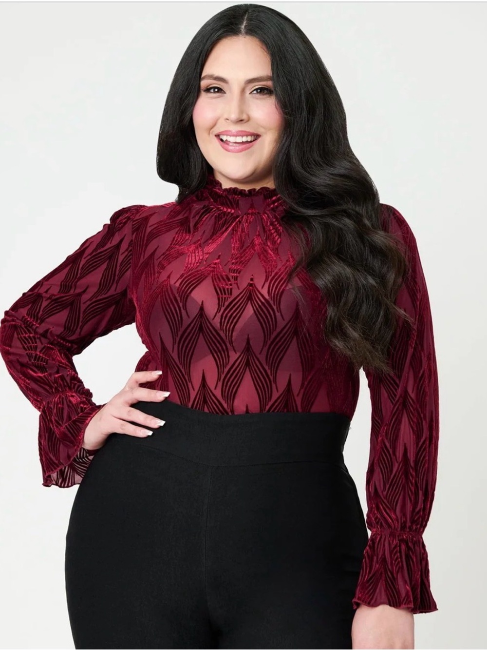 Unique Vintage Plus Size Burgundy Leaf Velvet Burnout Donna Blouse